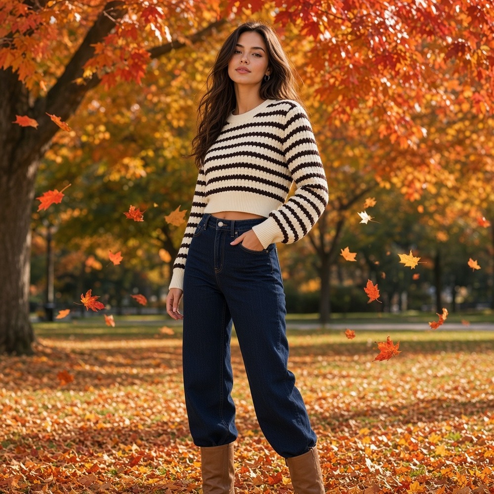 Altar'd State Striped Knit Cropped Sweater Cream Brown Balloon Sleeve Small